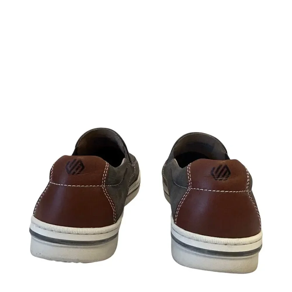 Johnston & Murphy Bowling Moc Venetian slip on gray embossed nubuck brown heel